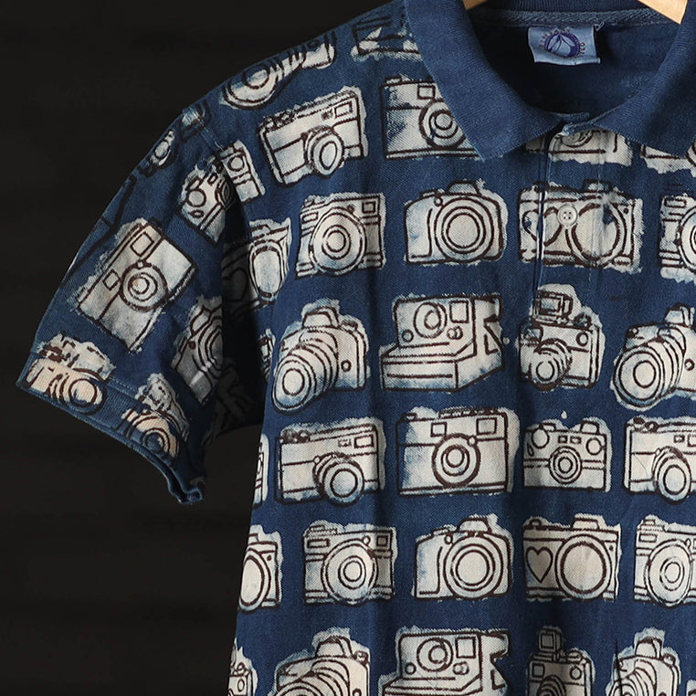 Blue - Bindaas Natural Dyed Art Block Print Polo Collar T-shirt in Cotton