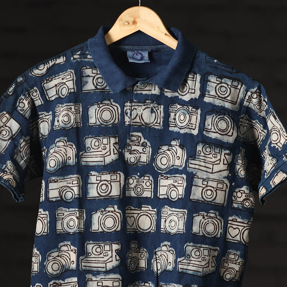 Blue - Bindaas Natural Dyed Art Block Print Polo Collar T-shirt in Cotton