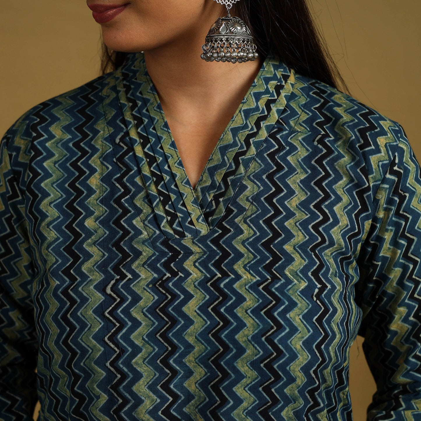 Blue Block Print Cotton Ajrakh Kurta Set with Dupatta
