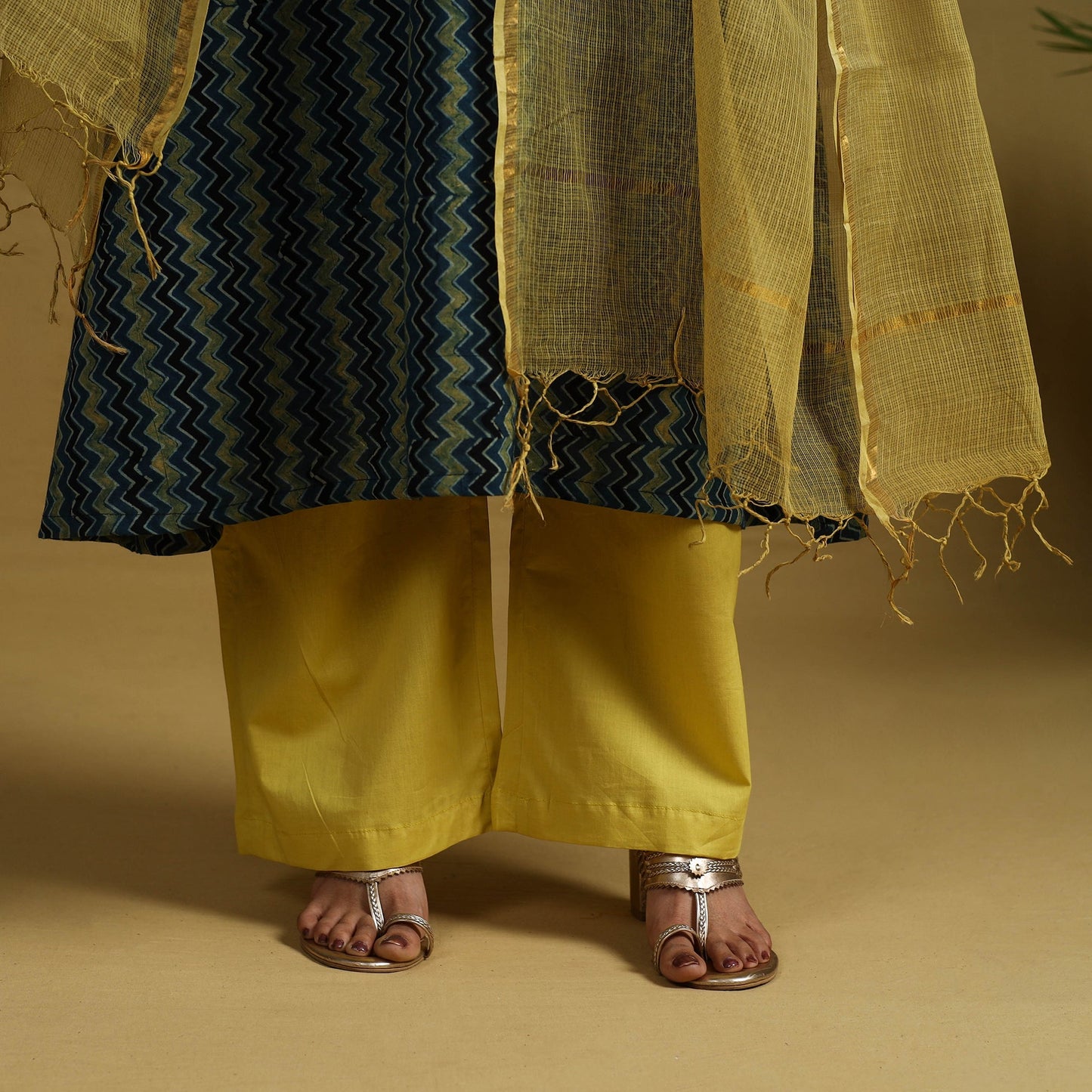 Blue Block Print Cotton Ajrakh Kurta Set with Dupatta