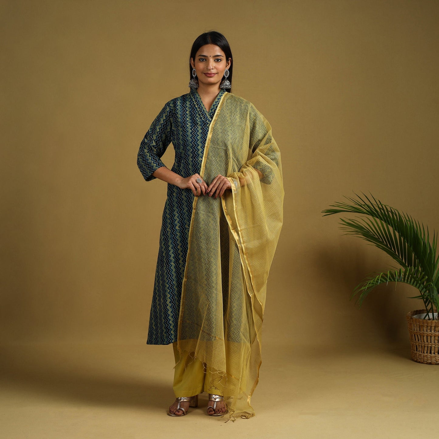 Blue Block Print Cotton Ajrakh Kurta Set with Dupatta
