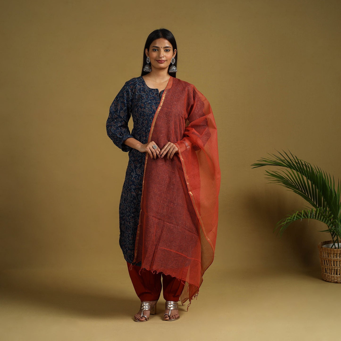 Buy Blue Block Print Cotton Ajrakh Kurta Set with Dupatta