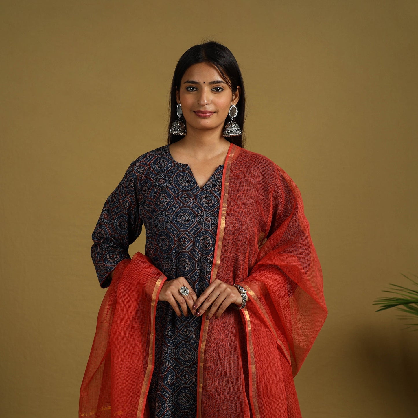 Blue Block Print Cotton Ajrakh Kurta Set with Dupatta