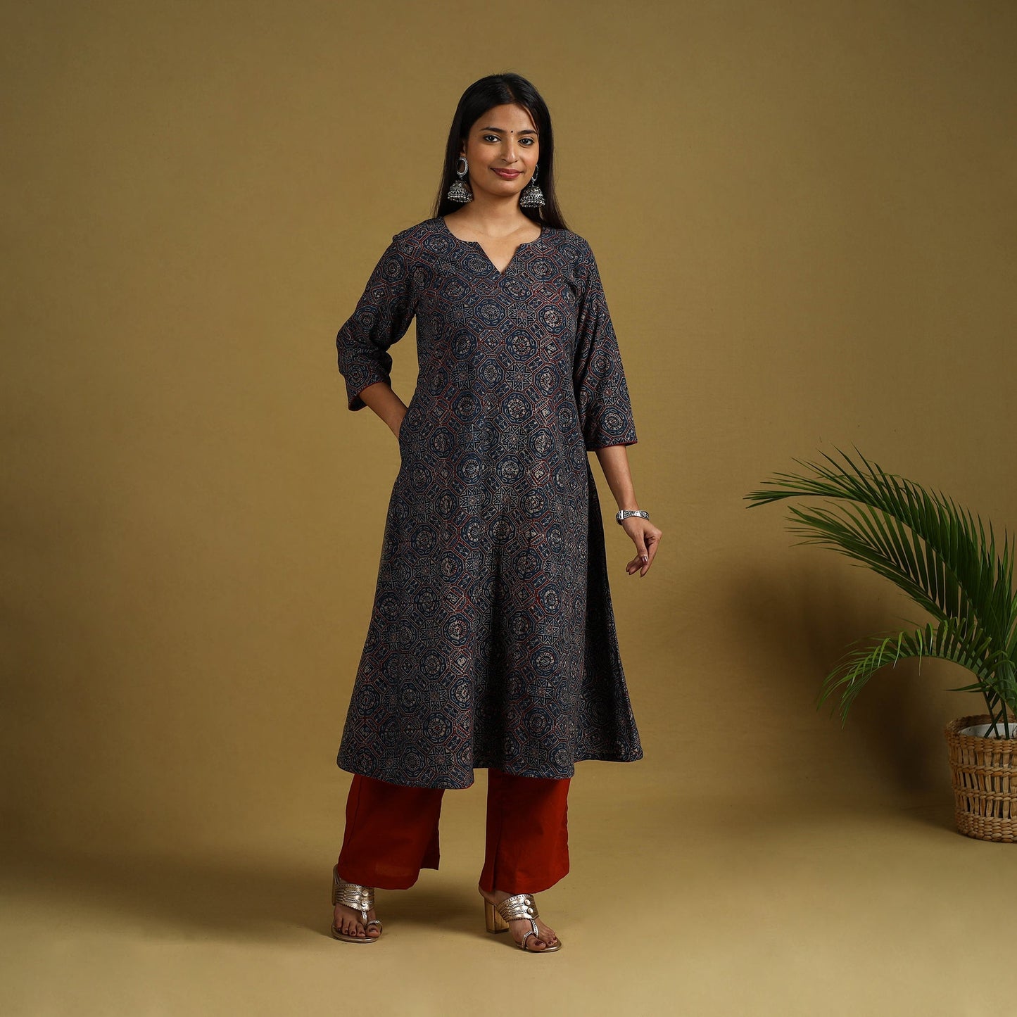 Blue Block Print Cotton Ajrakh Kurta Set with Dupatta