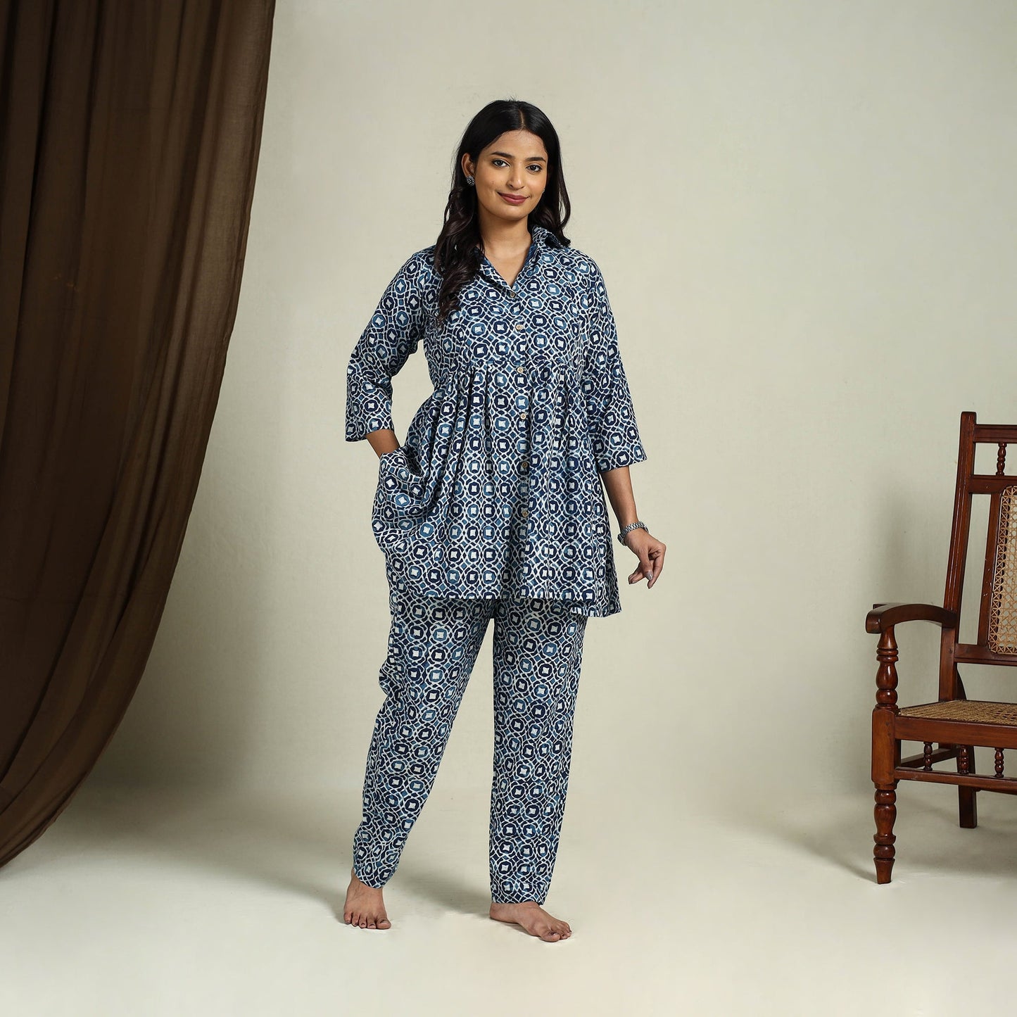 Blue Block Print Cotton Bagru Night Suit Set
