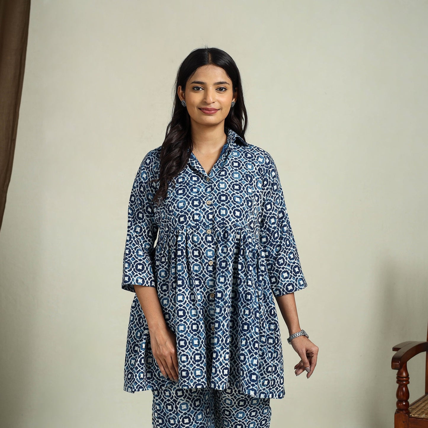 Blue Block Print Cotton Bagru Night Suit Set