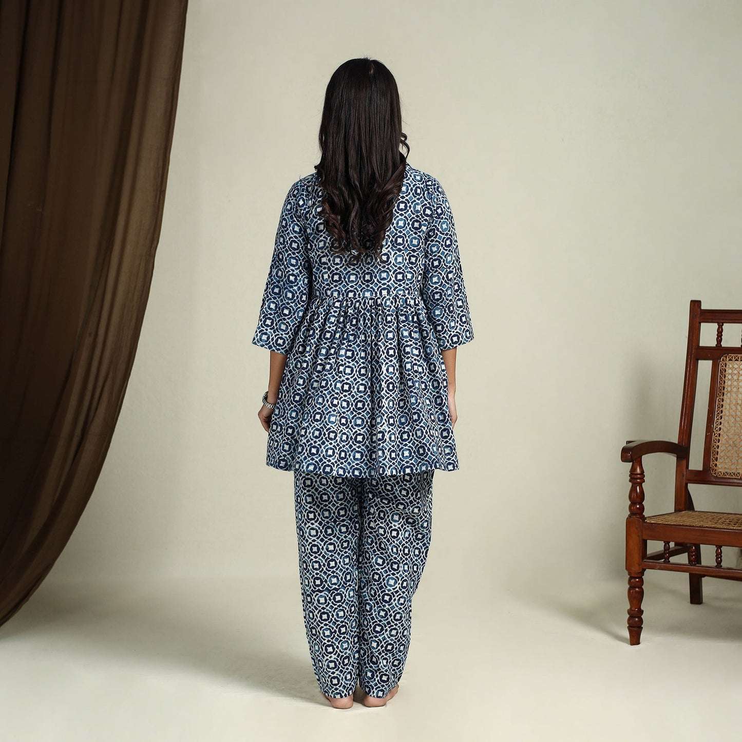 Blue Block Print Cotton Bagru Night Suit Set