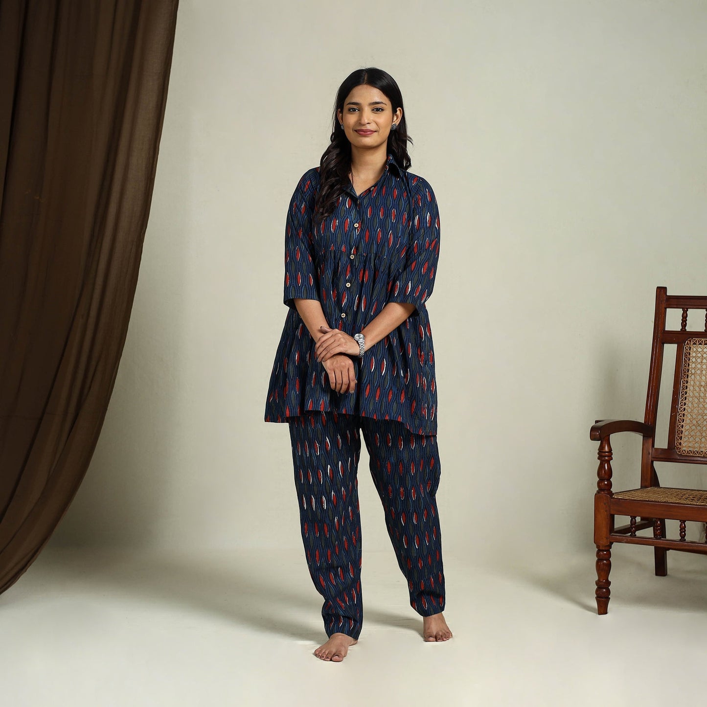 Blue Block Print Cotton Bagru Night Suit Set