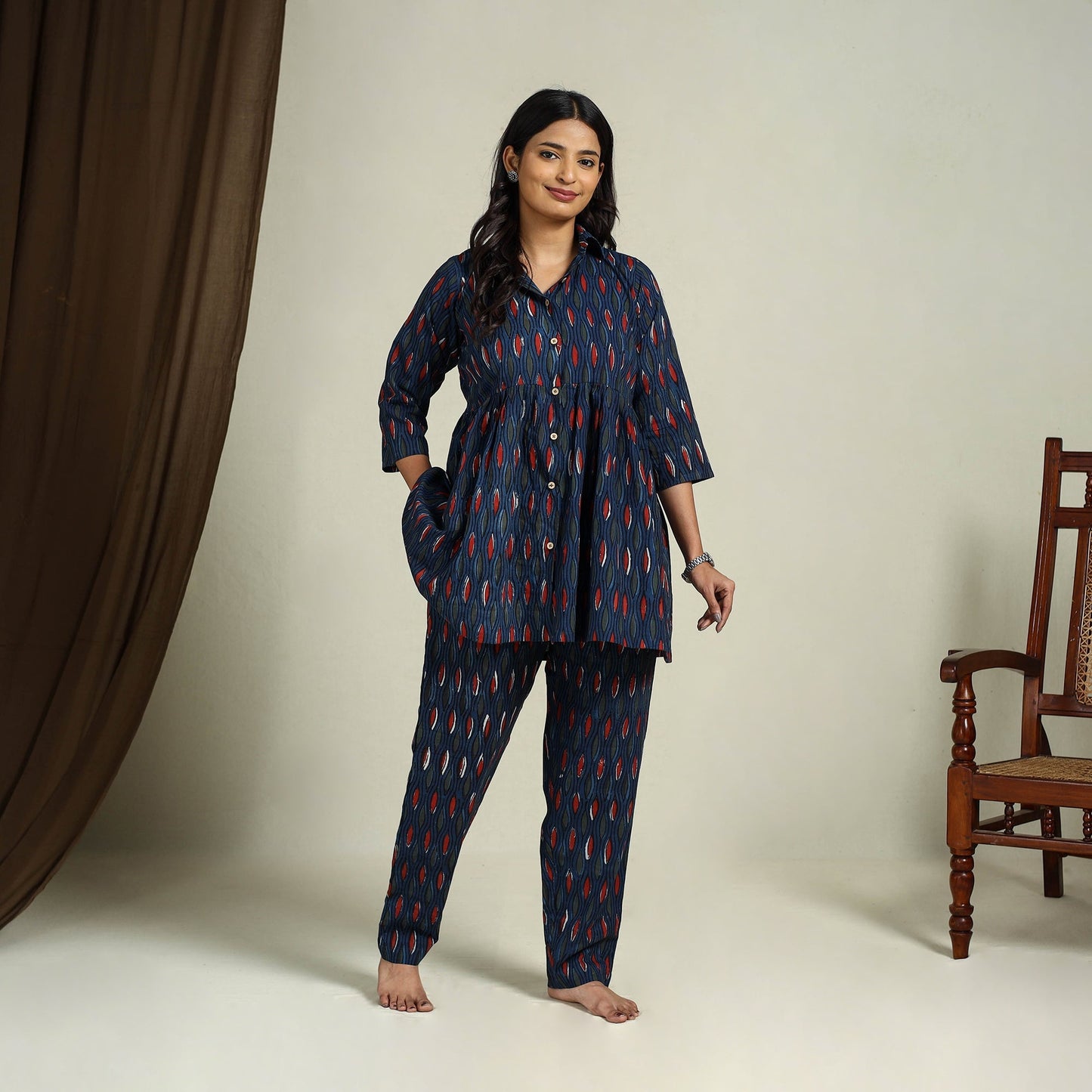 Blue Block Print Cotton Bagru Night Suit Set