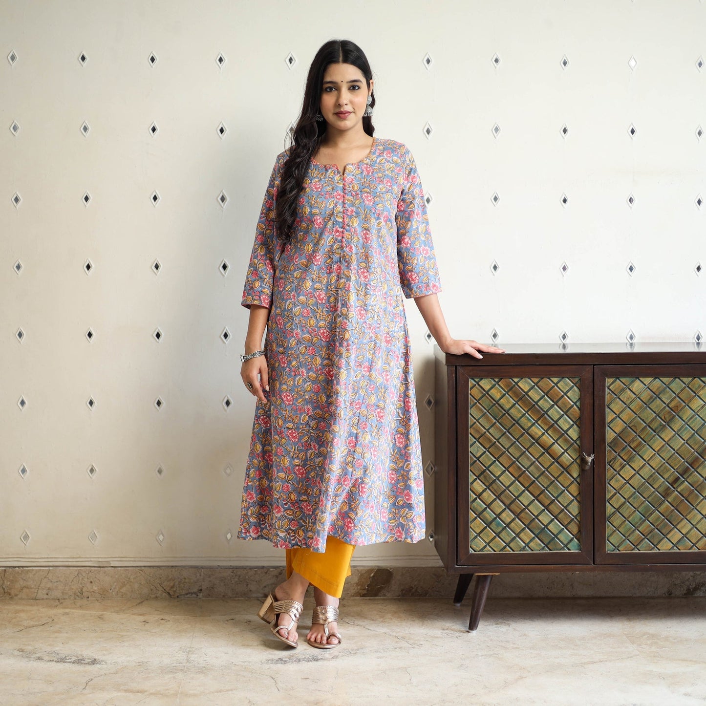 Blue Block Print Cotton A-Line Sanganeri Kurta for Women
