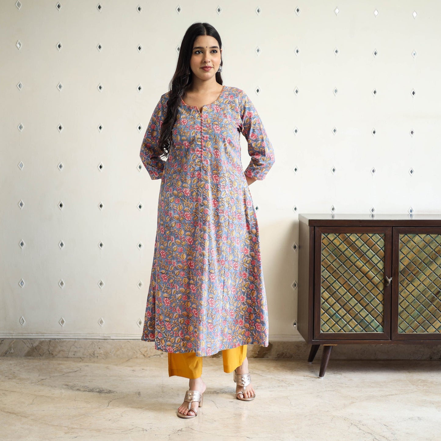Blue Block Print Cotton A-Line Sanganeri Kurta for Women