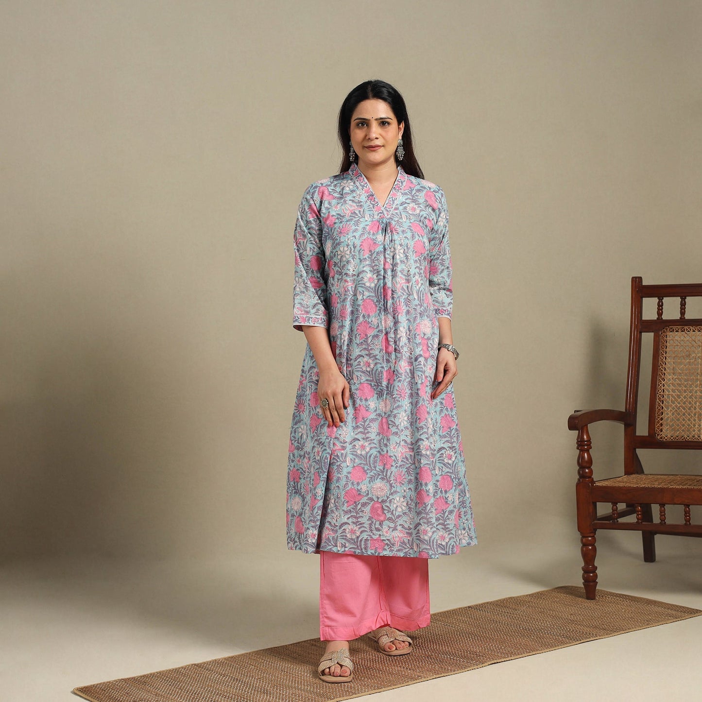 Blue - cotton a-line sanganeri kurta 04 - handcrafted