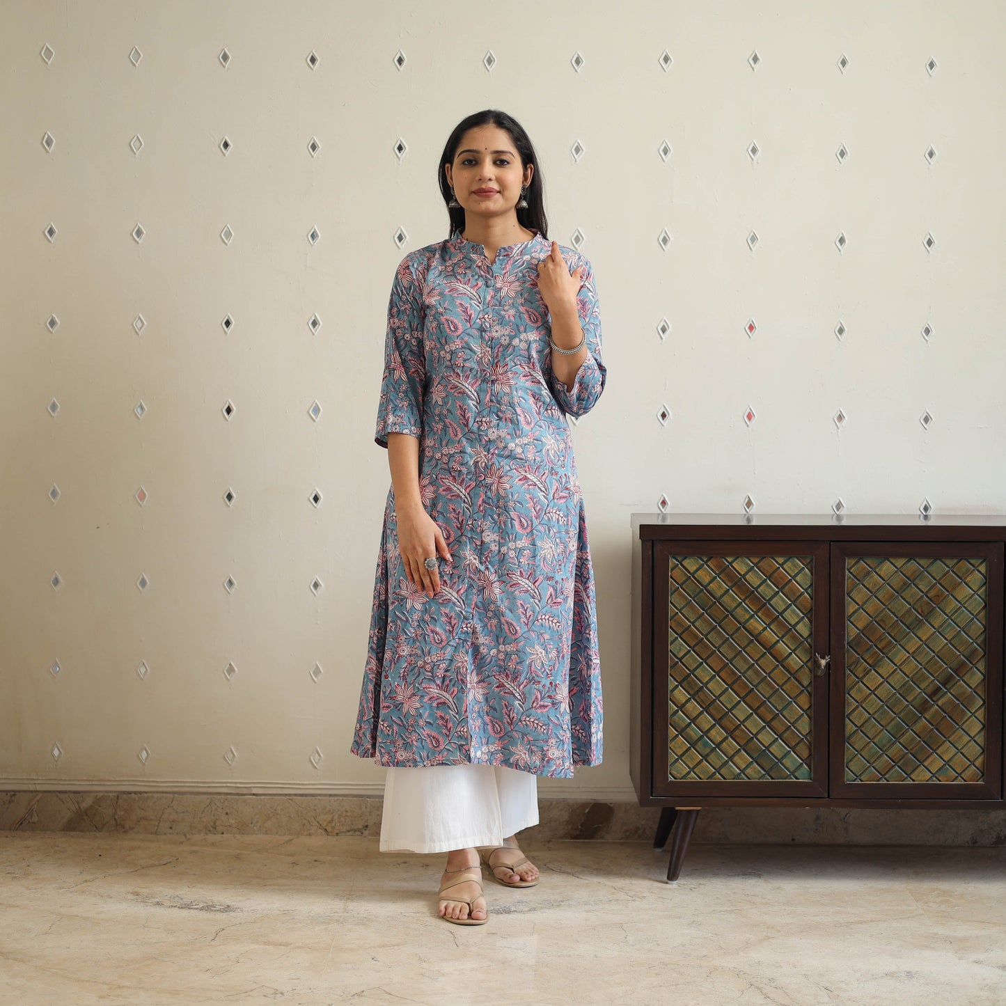Blue Block Print Cotton A-Line Sanganeri Kurta