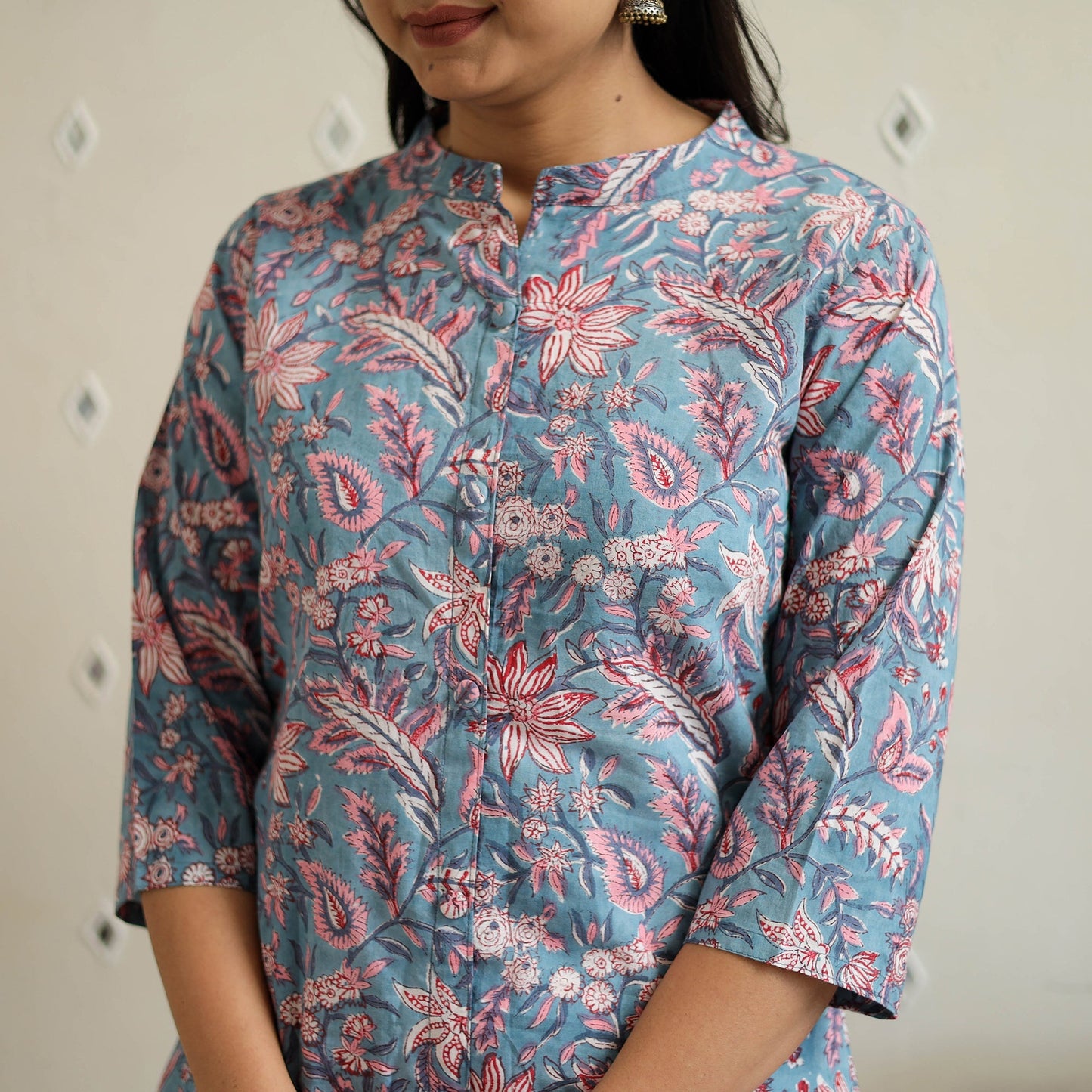 Blue Block Print Cotton A-Line Sanganeri Kurta
