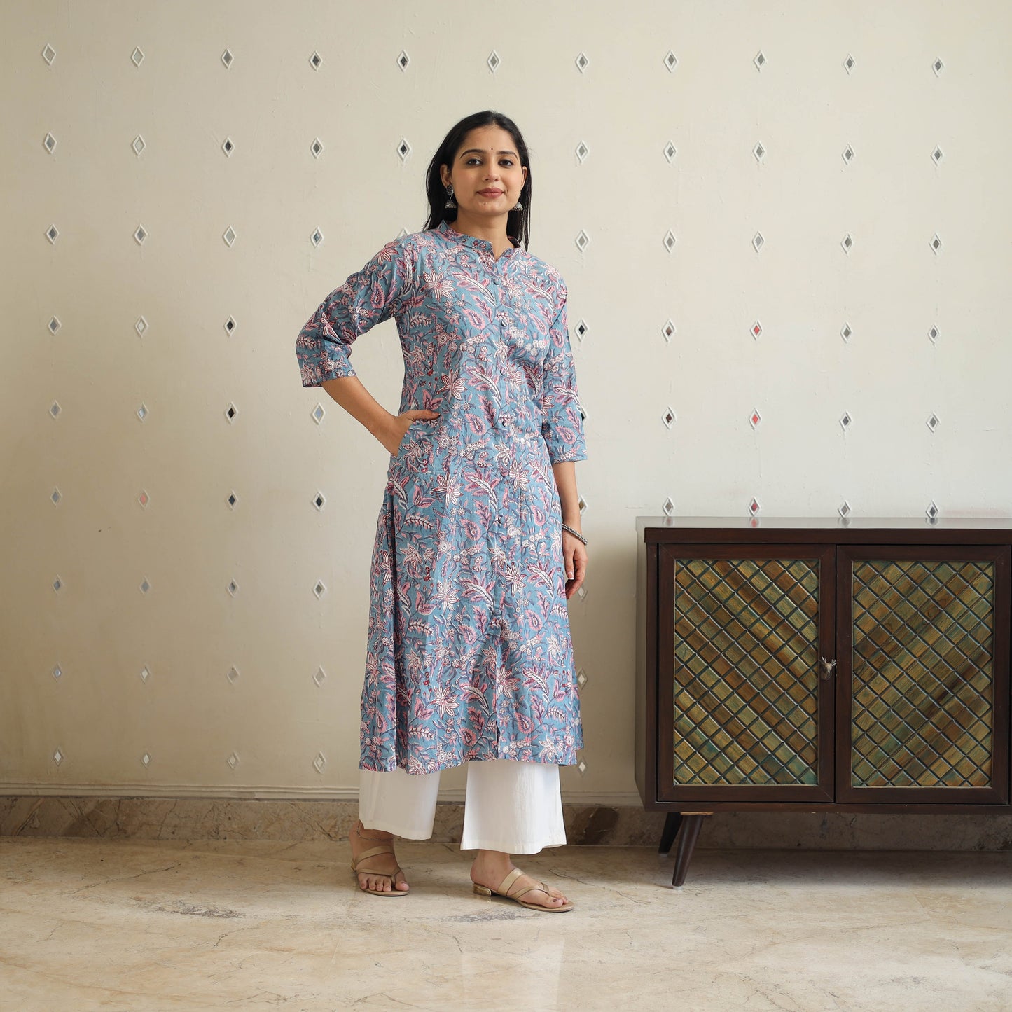 Blue Block Print Cotton A-Line Sanganeri Kurta