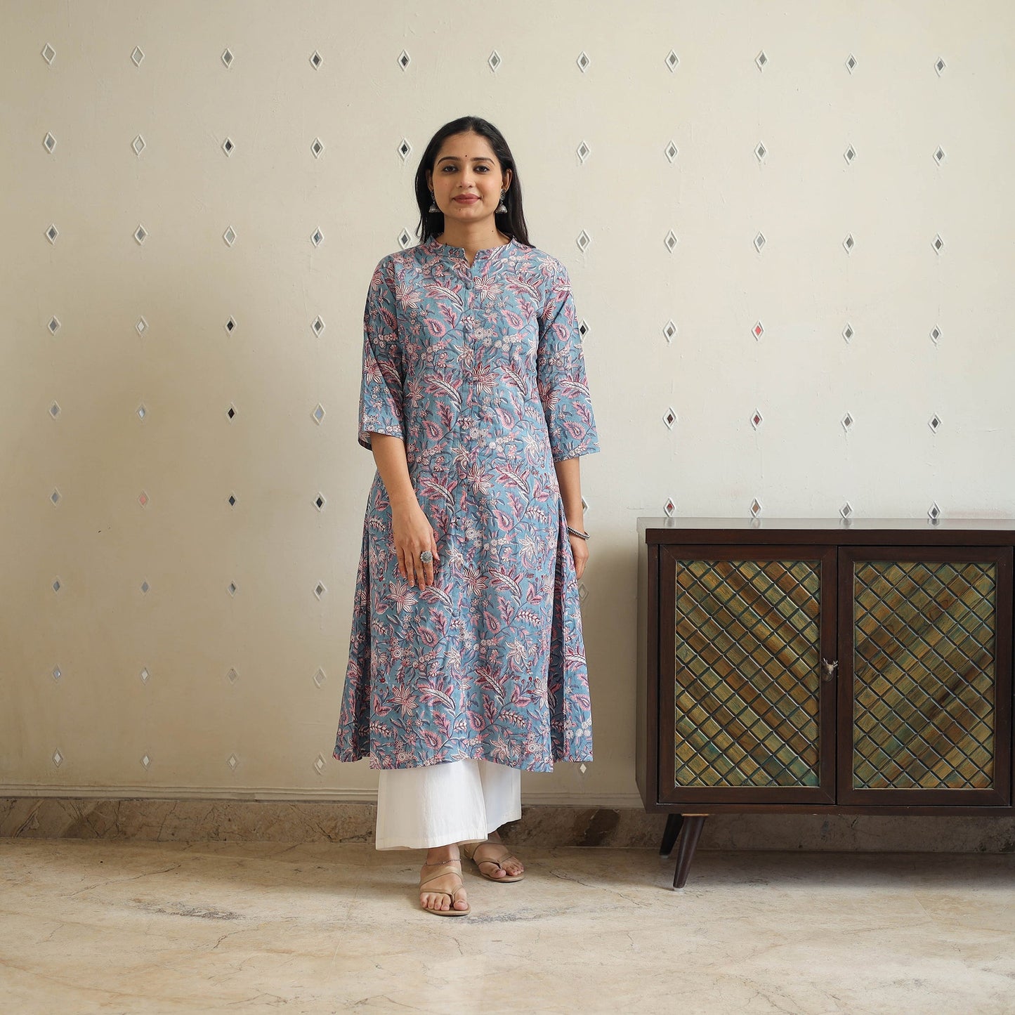 Blue Block Print Cotton A-Line Sanganeri Kurta