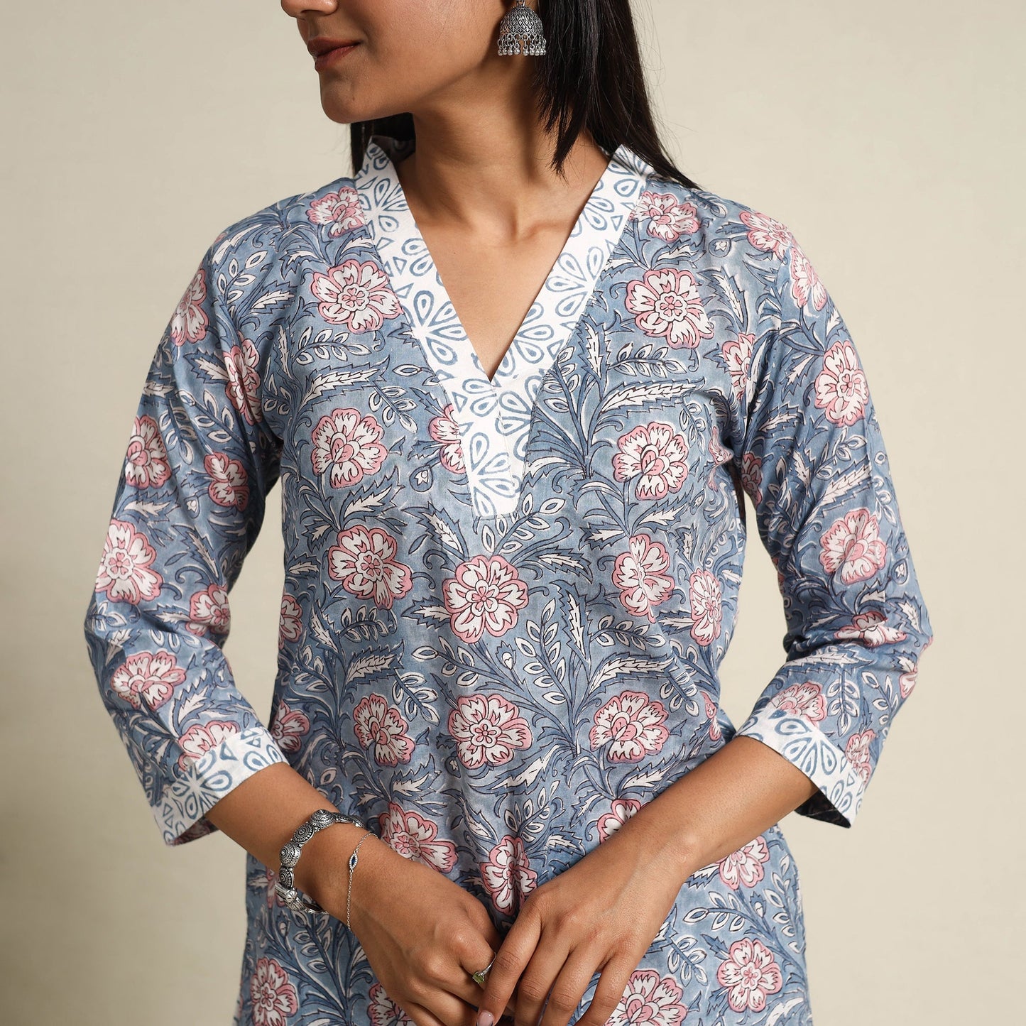 Buy Blue Block Print Cotton Sanganeri Kurta Set