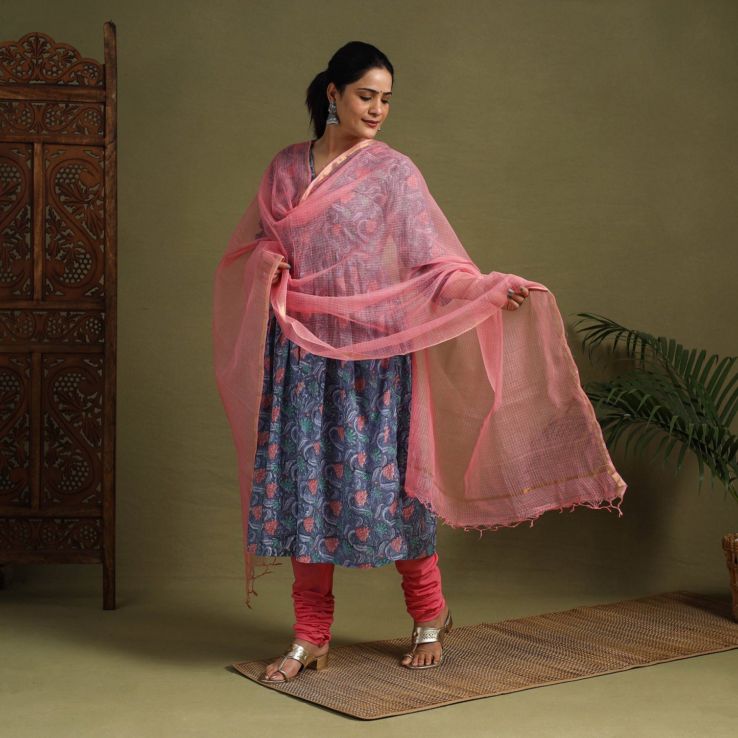 Blue Block Print Cotton Sanganeri Kurta Set (Set of 3)