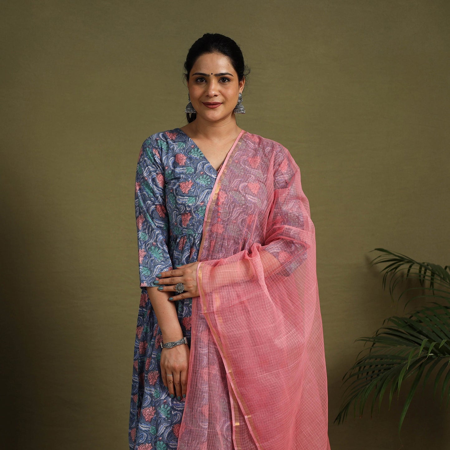 Blue Block Print Cotton Sanganeri Kurta Set (Set of 3)