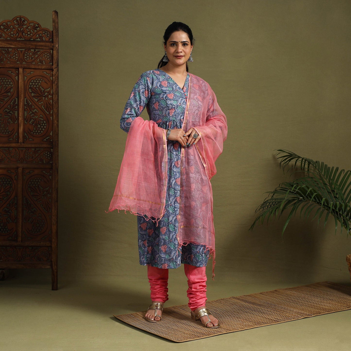 Blue Block Print Cotton Sanganeri Kurta Set (Set of 3)