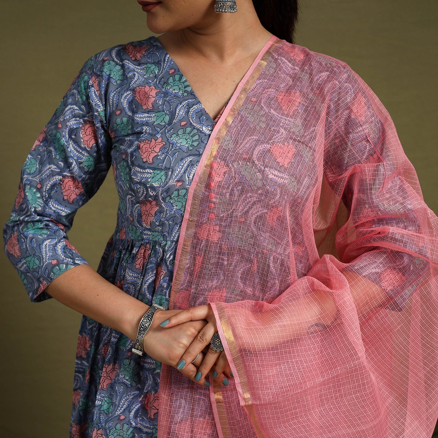 Blue Block Print Cotton Sanganeri Kurta Set (Set of 3)