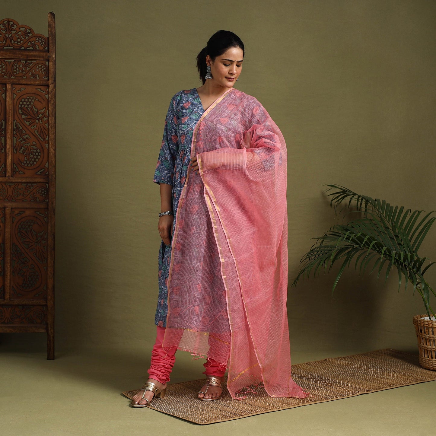 Blue Block Print Cotton Sanganeri Kurta Set (Set of 3)