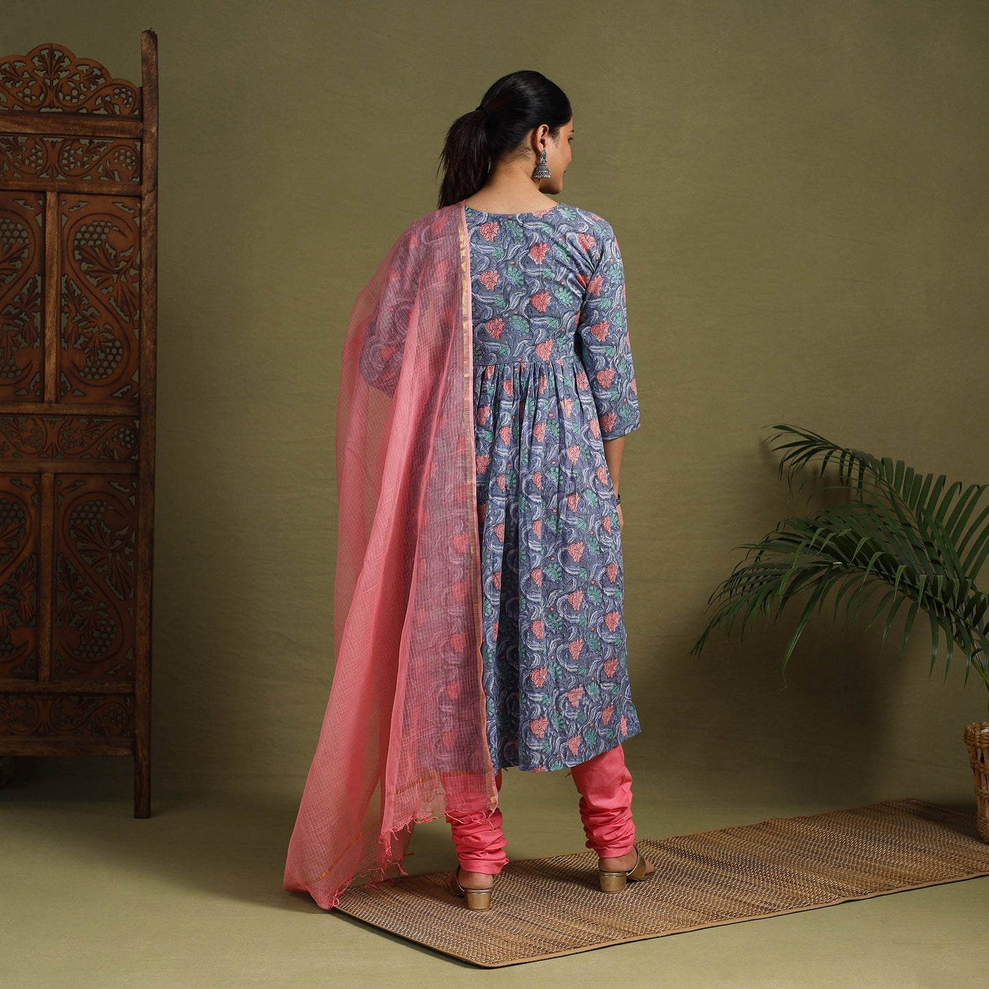 Blue Block Print Cotton Sanganeri Kurta Set (Set of 3)
