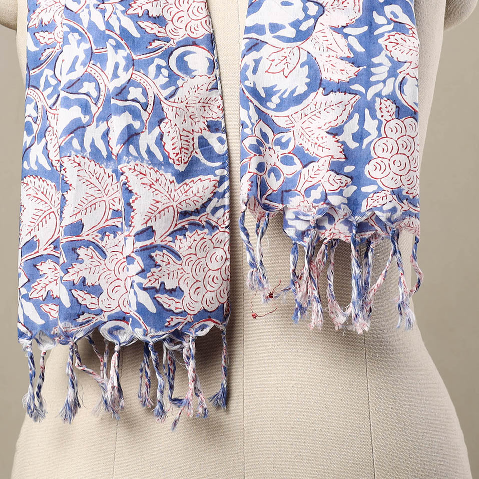 Block Print Cotton Blue Sanganeri Stole with Tassels