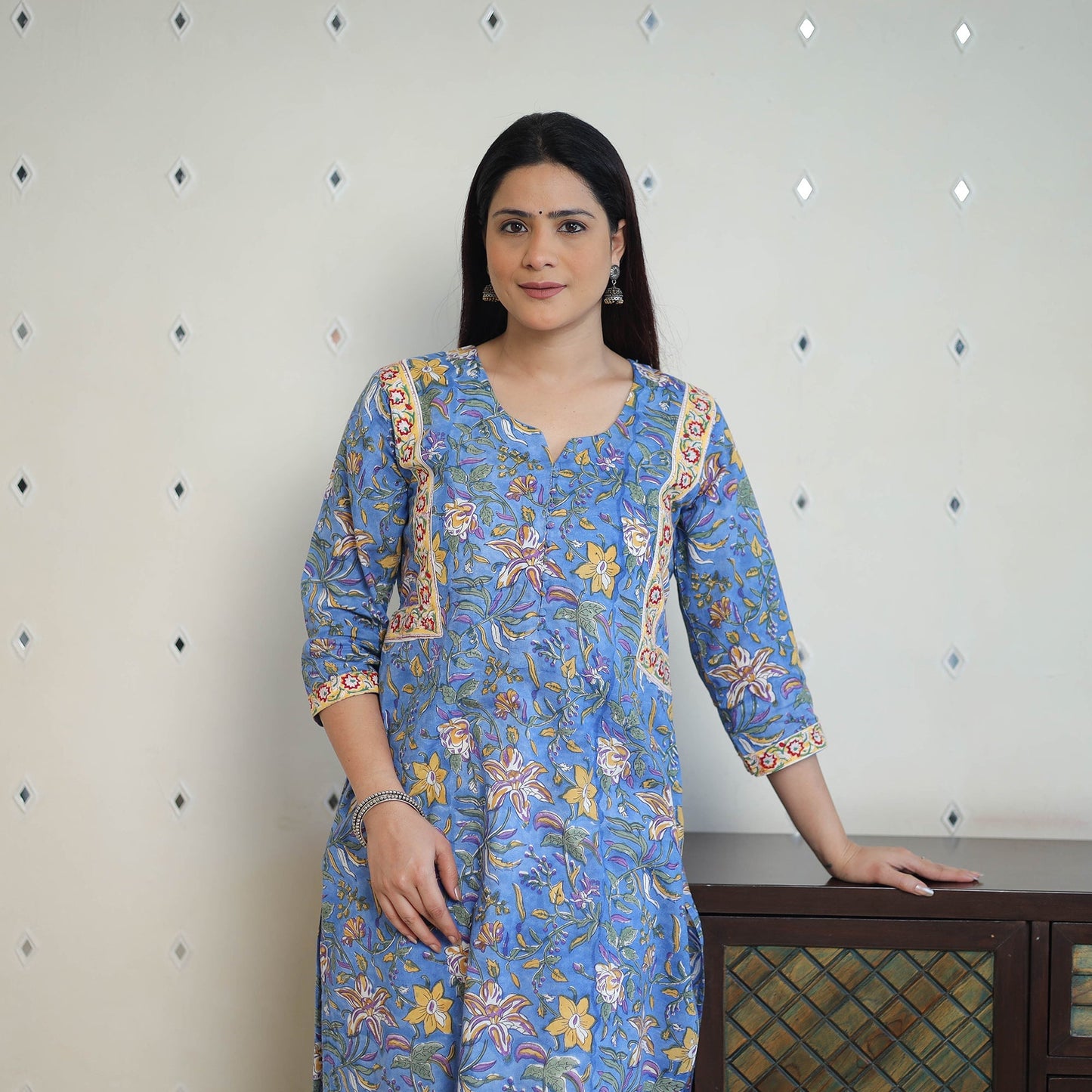 Blue - cotton straight sanganeri kurta 09 - handcrafted