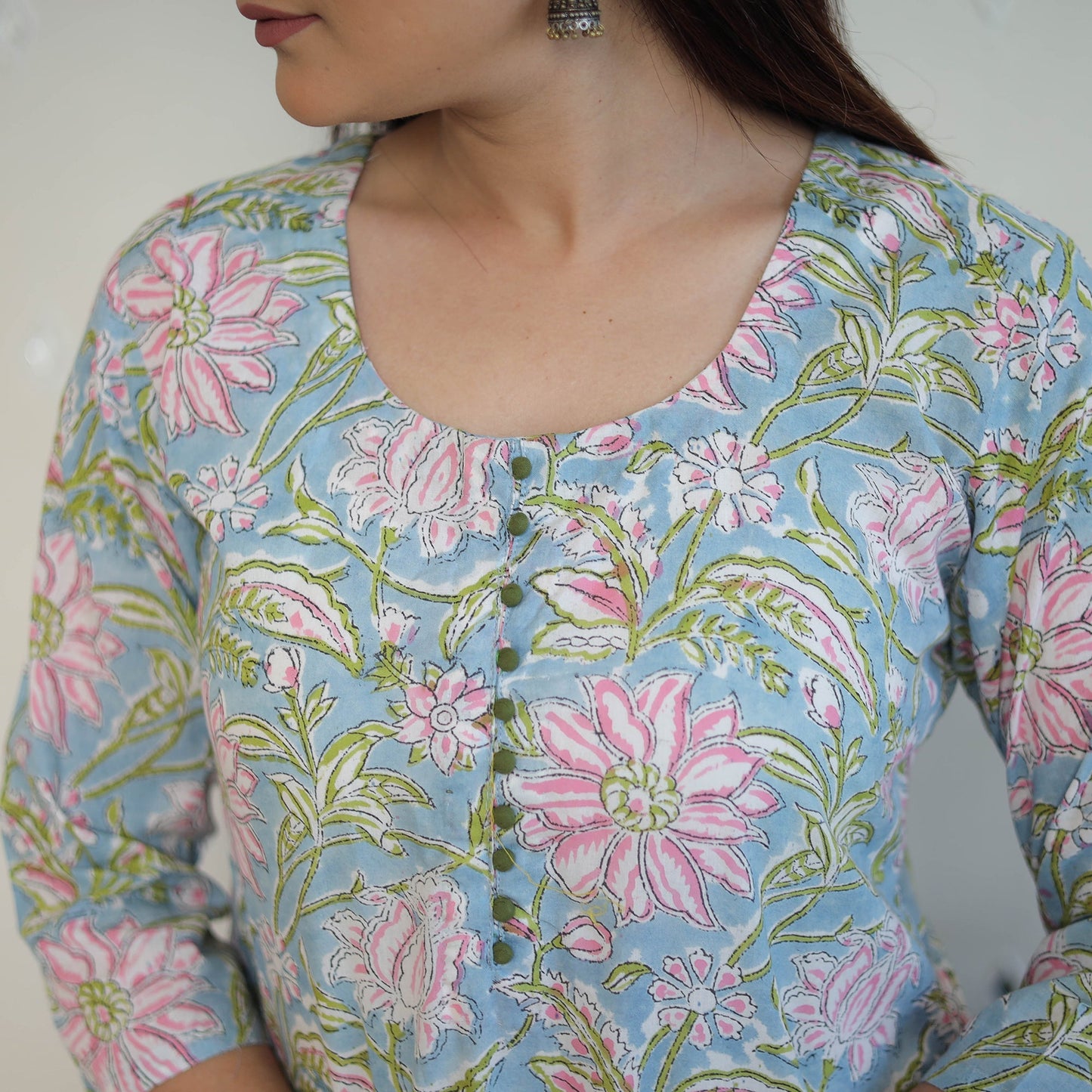 Blue Block Print Cotton Straight Sanganeri Kurta