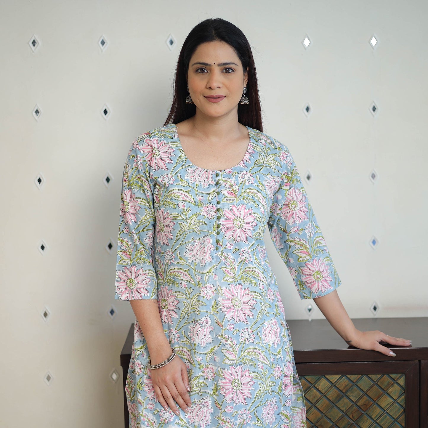 Blue Block Print Cotton Straight Sanganeri Kurta