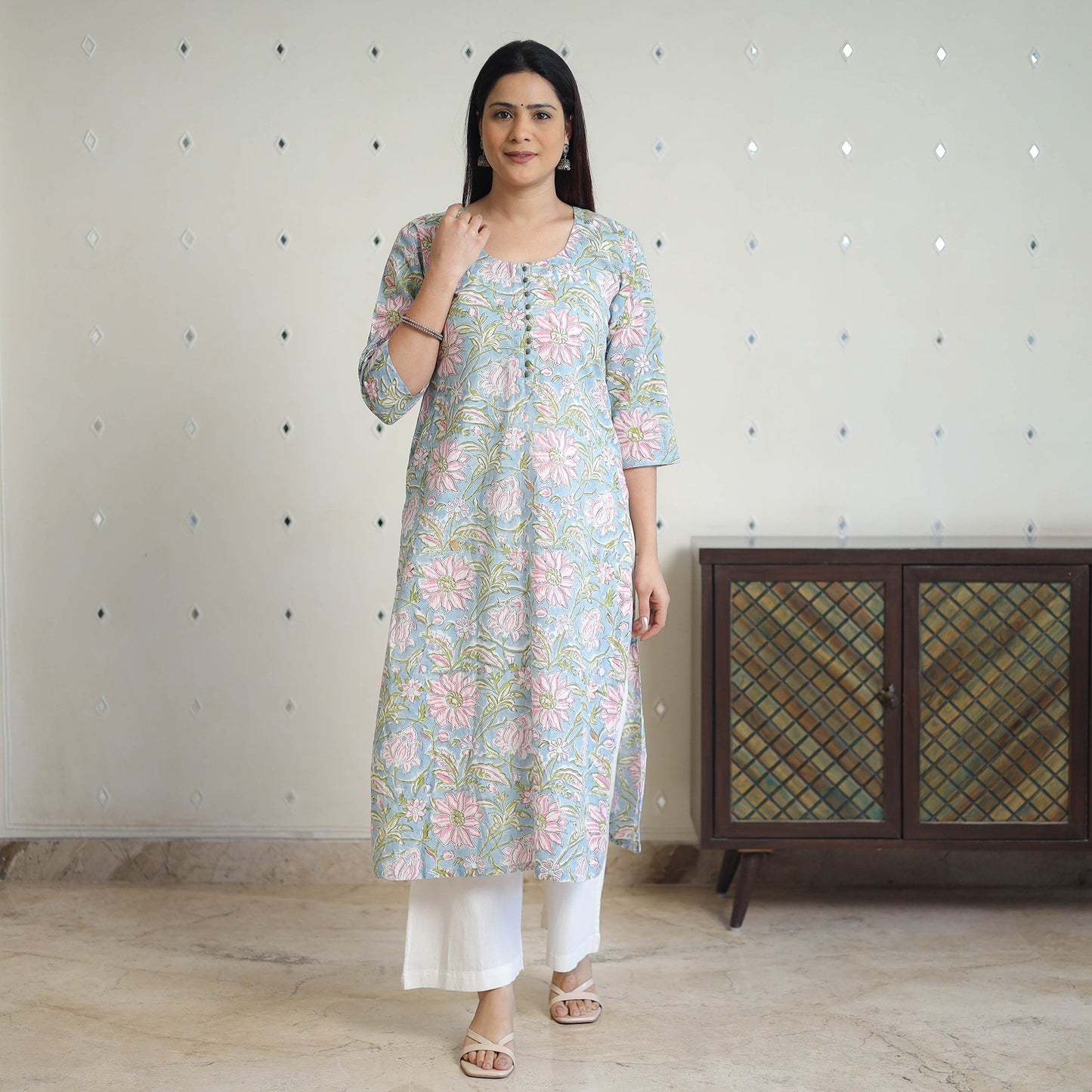 Blue Block Print Cotton Straight Sanganeri Kurta