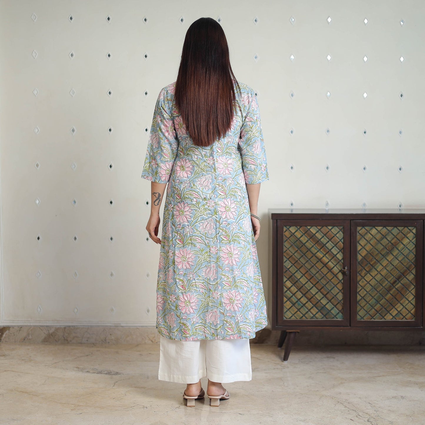 Blue Block Print Cotton Straight Sanganeri Kurta