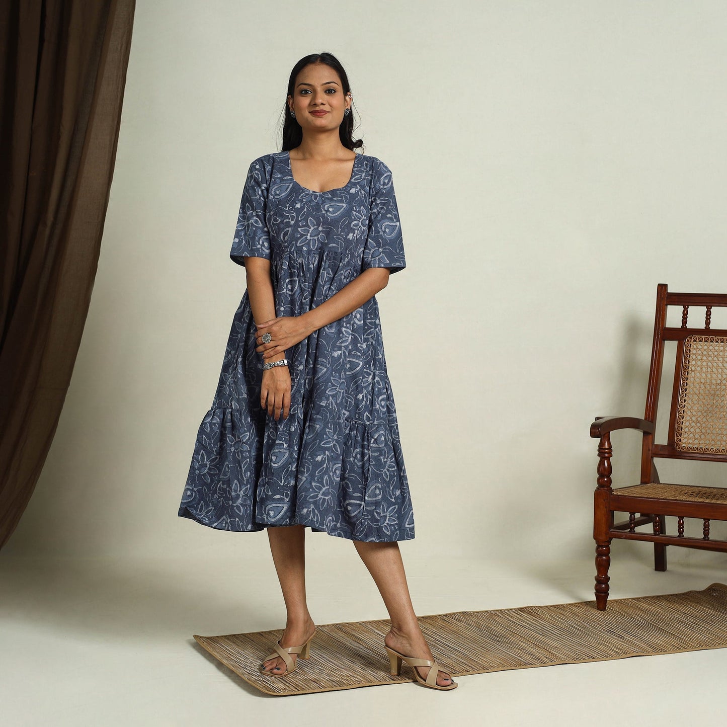 Buy Blue Block Print Cotton Tiered Bagru Dress
