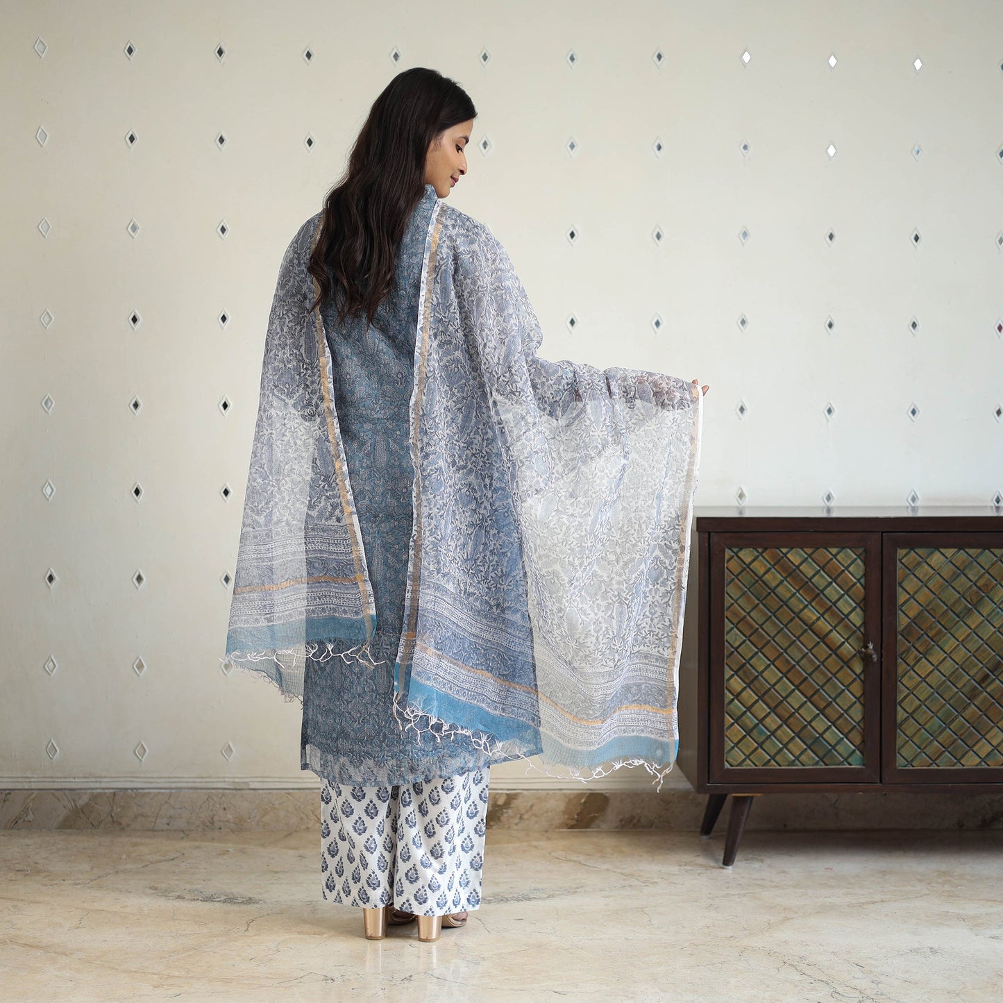 Blue Block Print Kota Doria Cotton Sanganeri Kurta Set (Set of 3)