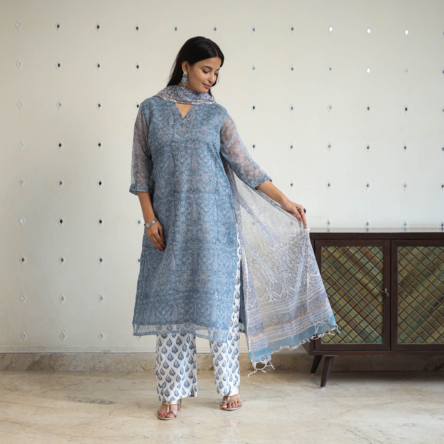 Blue Block Print Kota Doria Cotton Sanganeri Kurta Set (Set of 3)
