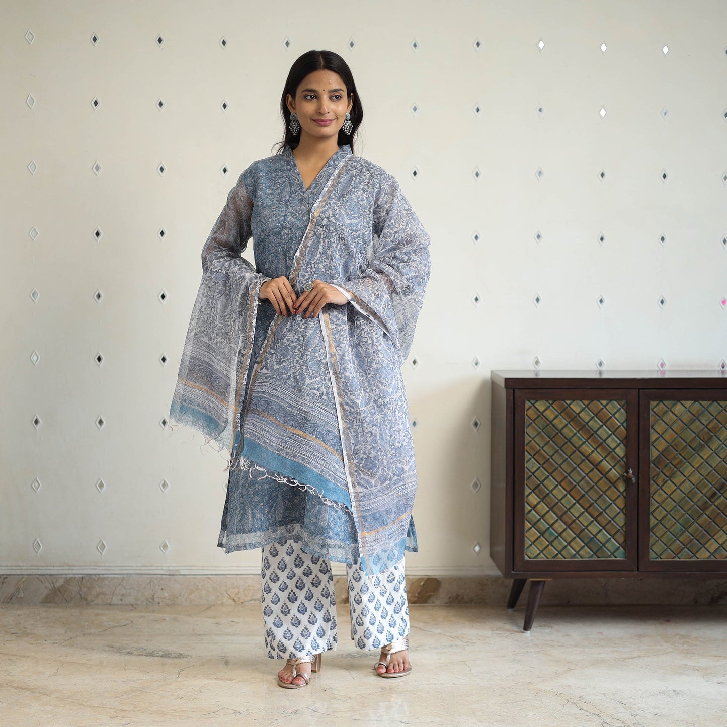 Blue Block Print Kota Doria Cotton Sanganeri Kurta Set (Set of 3)