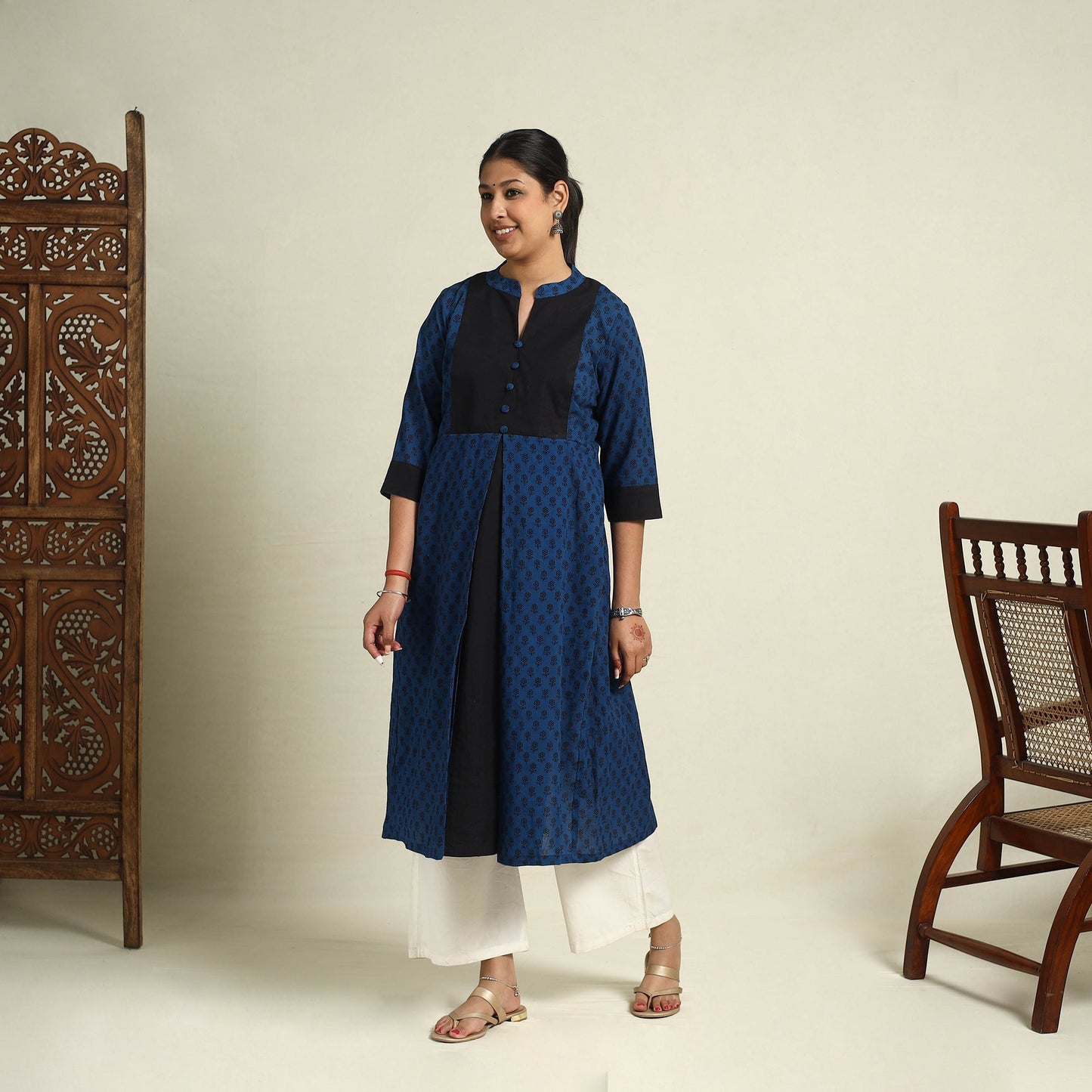 Blue Block Print Mul Cotton A-Line Bagh Kurta for Women
