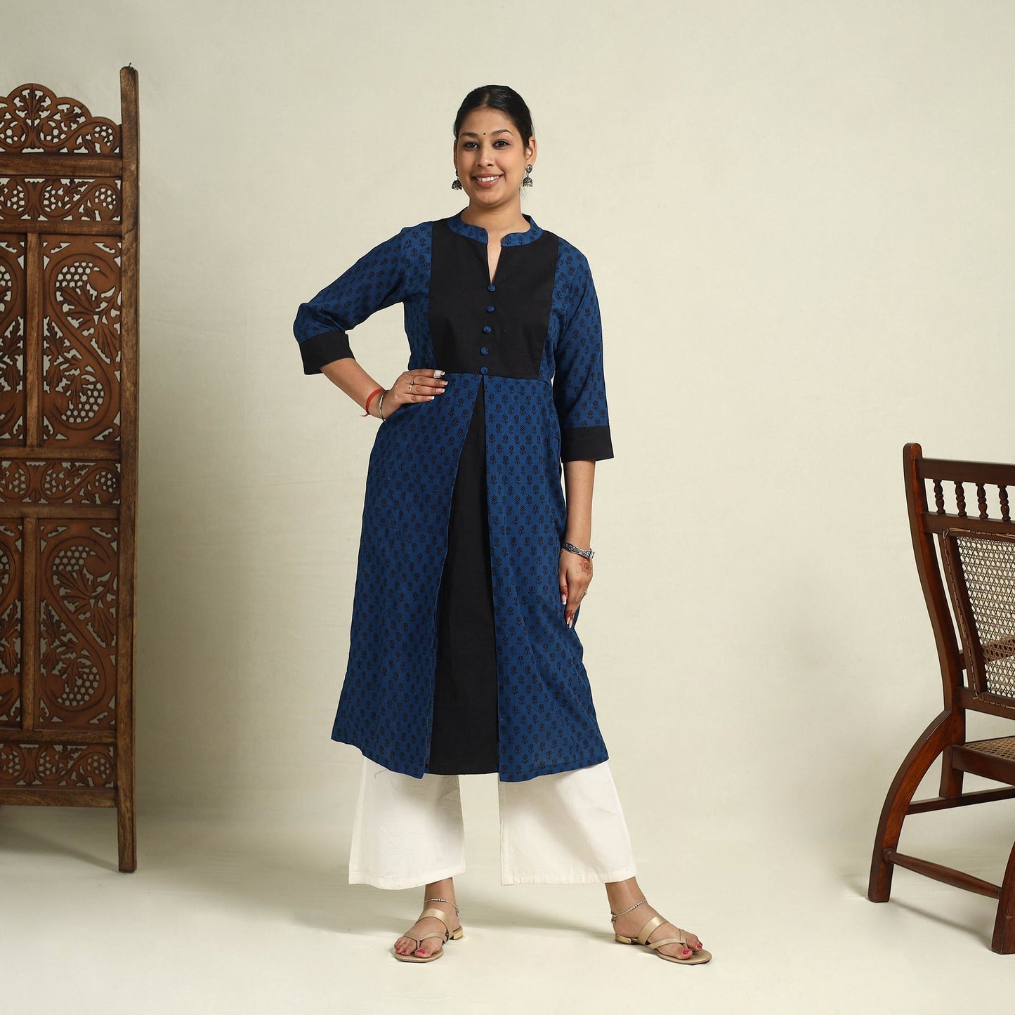 Blue Block Print Mul Cotton A-Line Bagh Kurta for Women