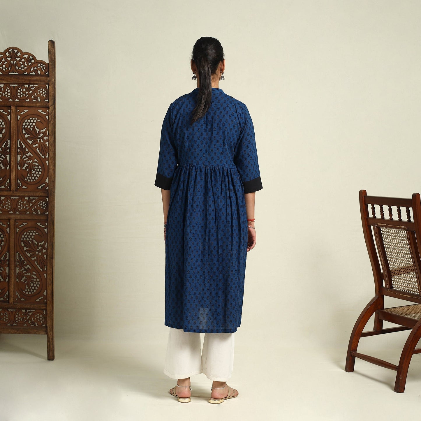 Blue Block Print Mul Cotton A-Line Bagh Kurta for Women