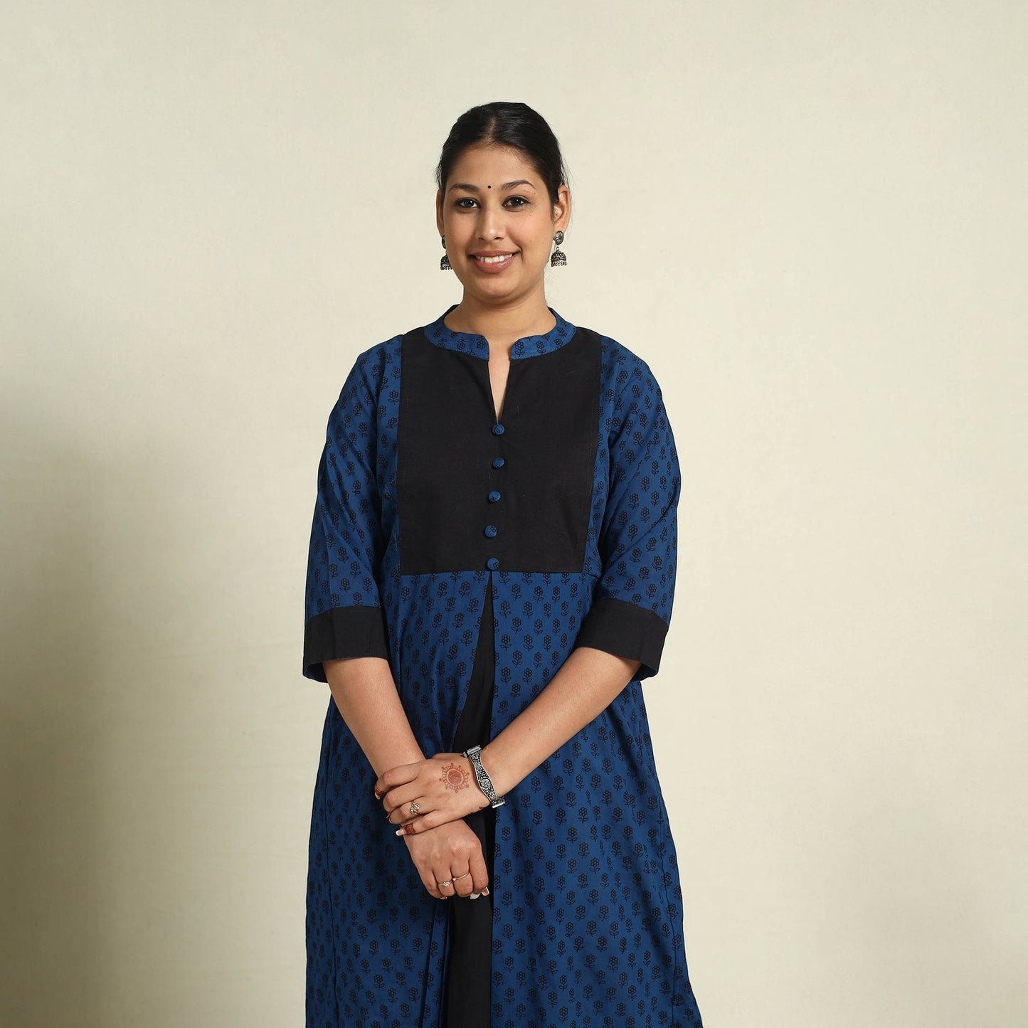 Blue Block Print Mul Cotton A-Line Bagh Kurta for Women
