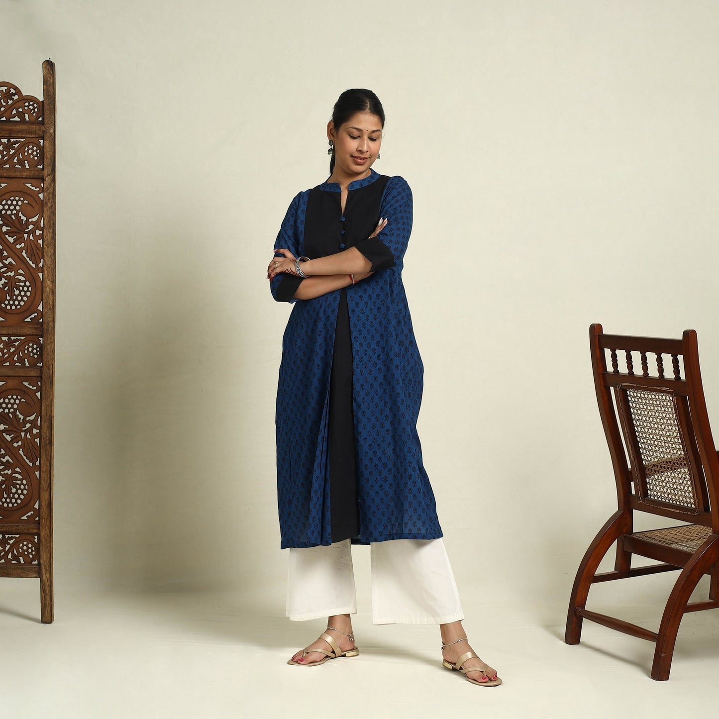 Blue Block Print Mul Cotton A-Line Bagh Kurta for Women