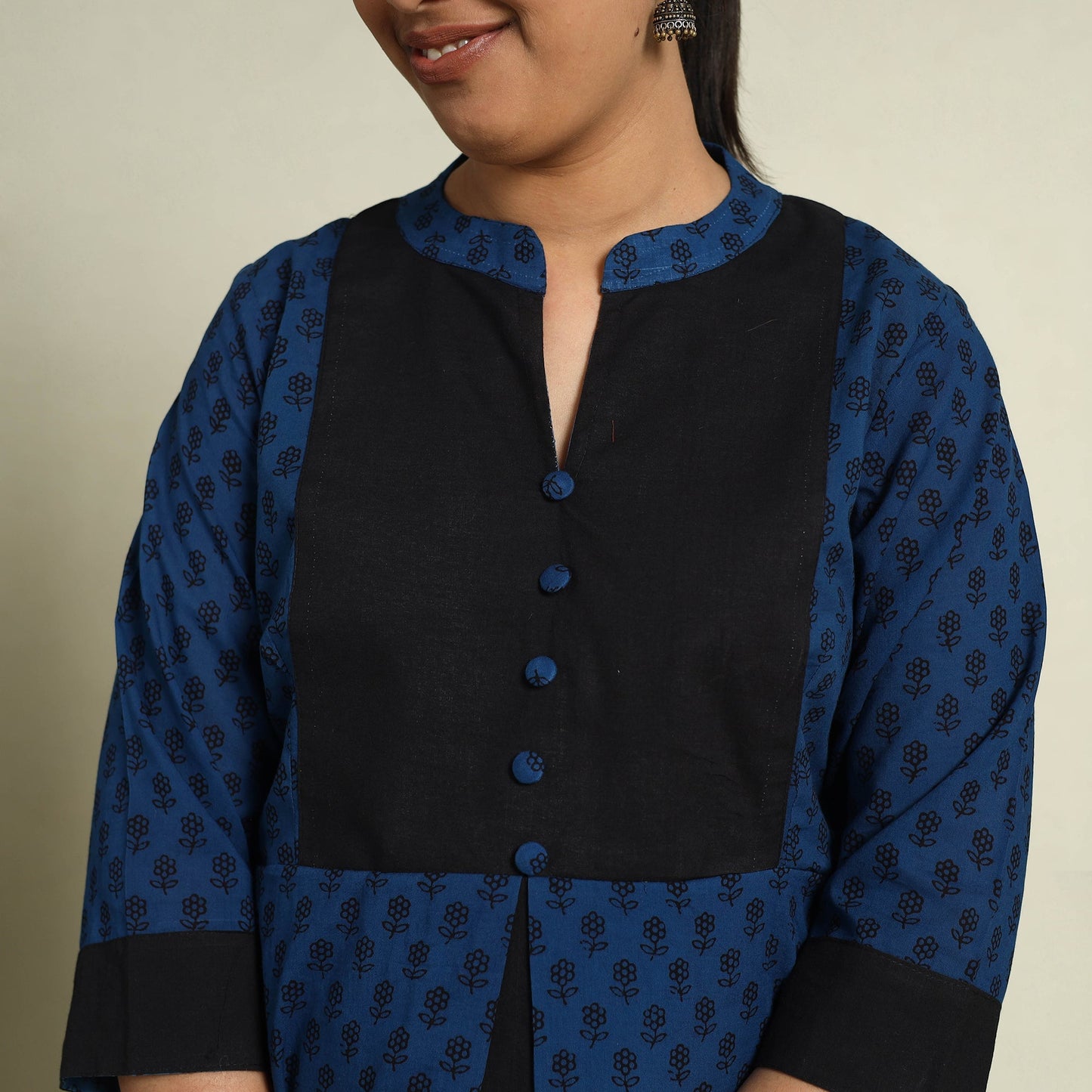 Blue Block Print Mul Cotton A-Line Bagh Kurta for Women