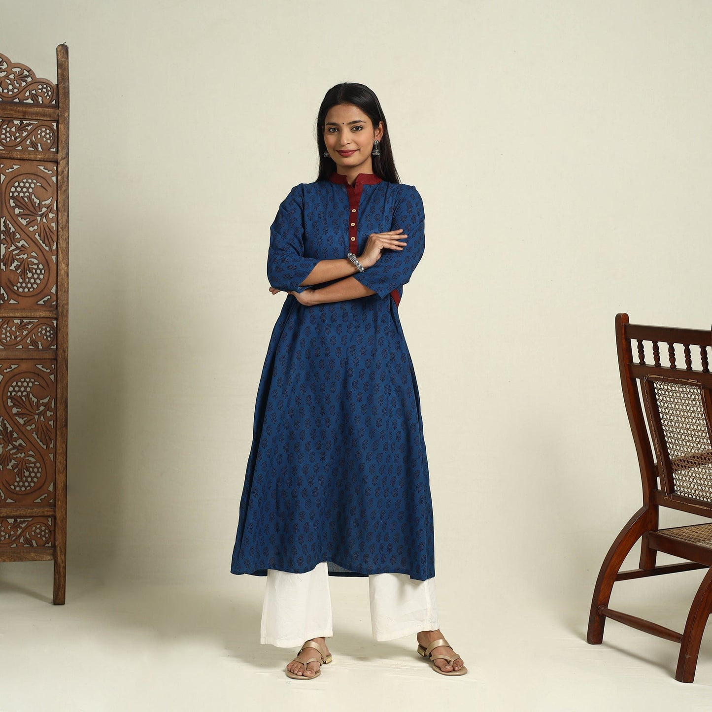 Blue Block Print Mul Cotton A-Line Bagh Kurta for Women