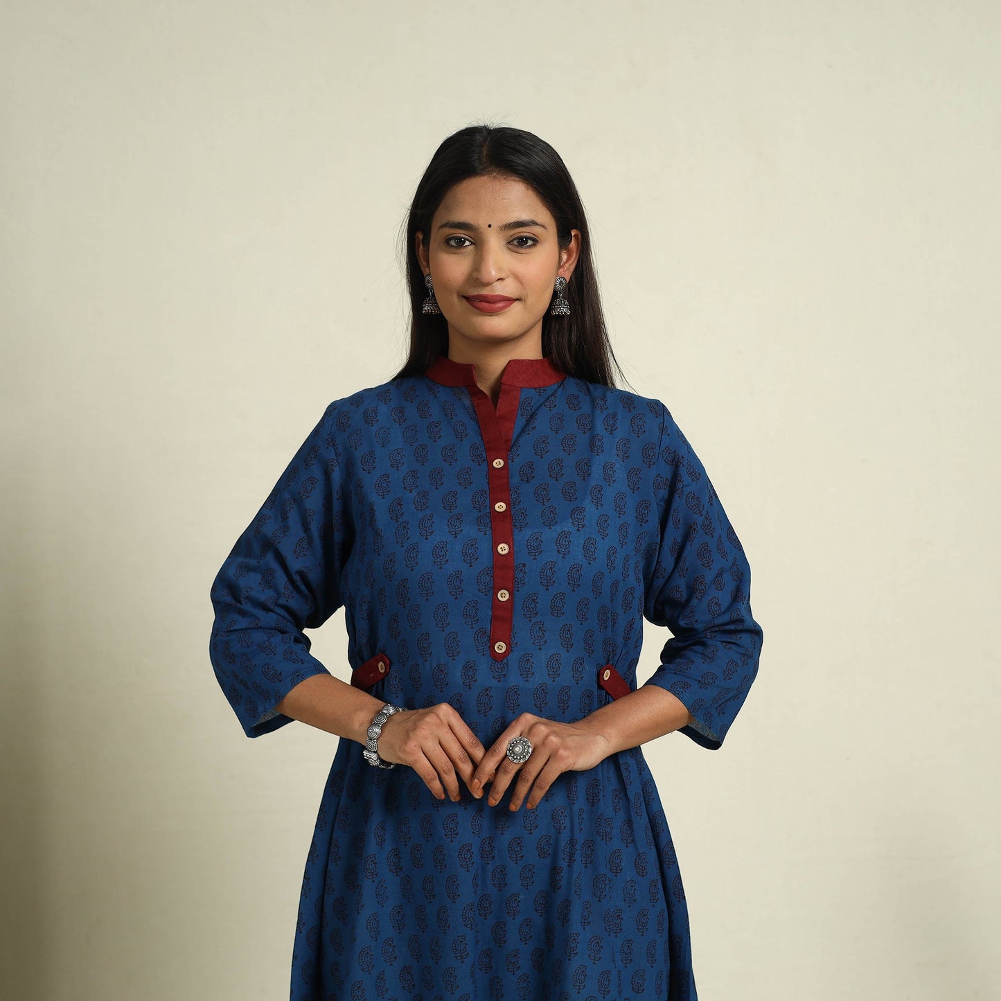 Blue Block Print Mul Cotton A-Line Bagh Kurta for Women