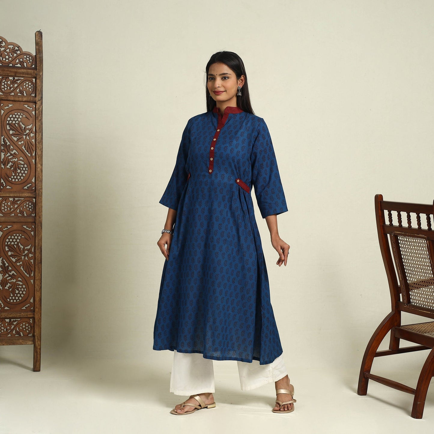 Blue Block Print Mul Cotton A-Line Bagh Kurta for Women