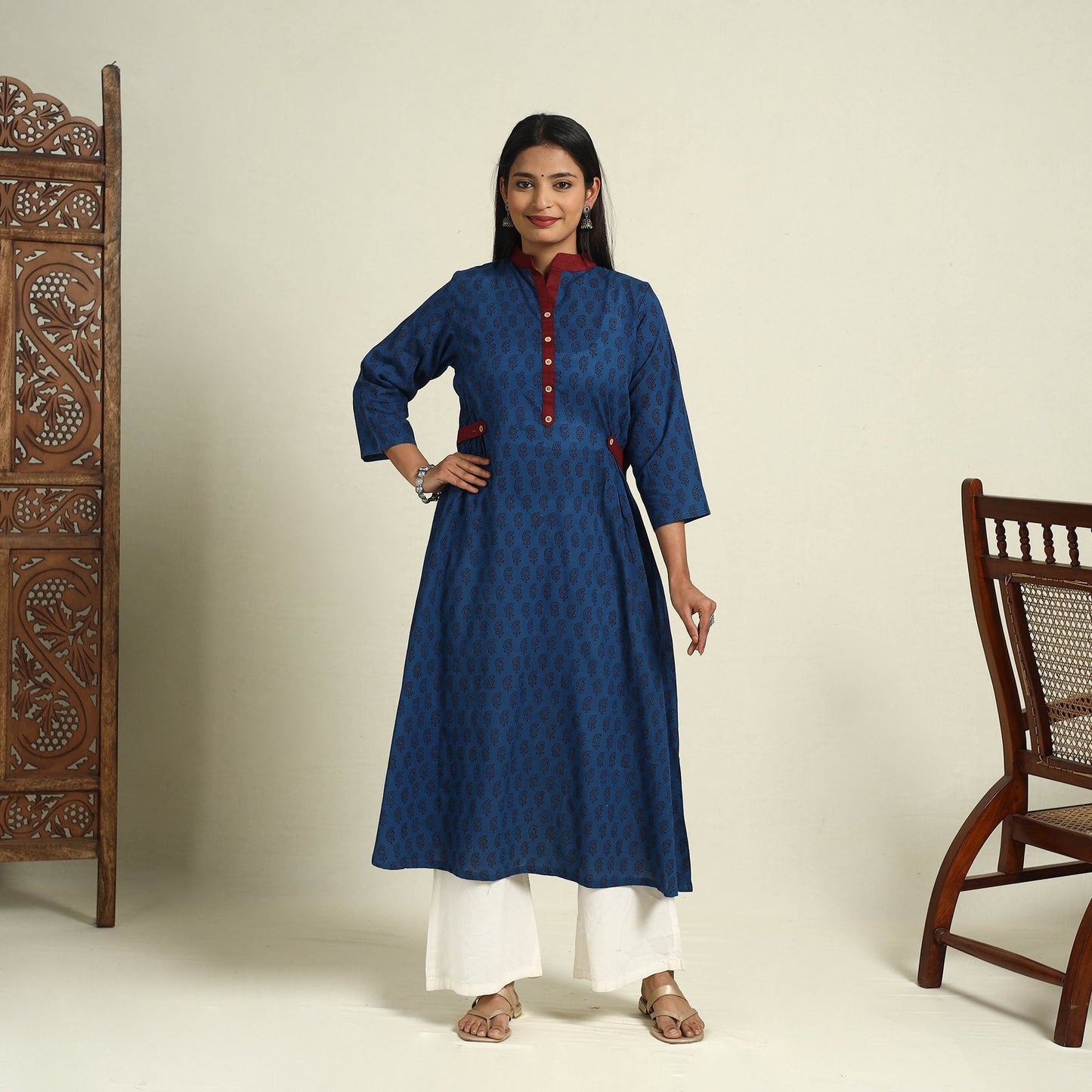 Blue Block Print Mul Cotton A-Line Bagh Kurta for Women