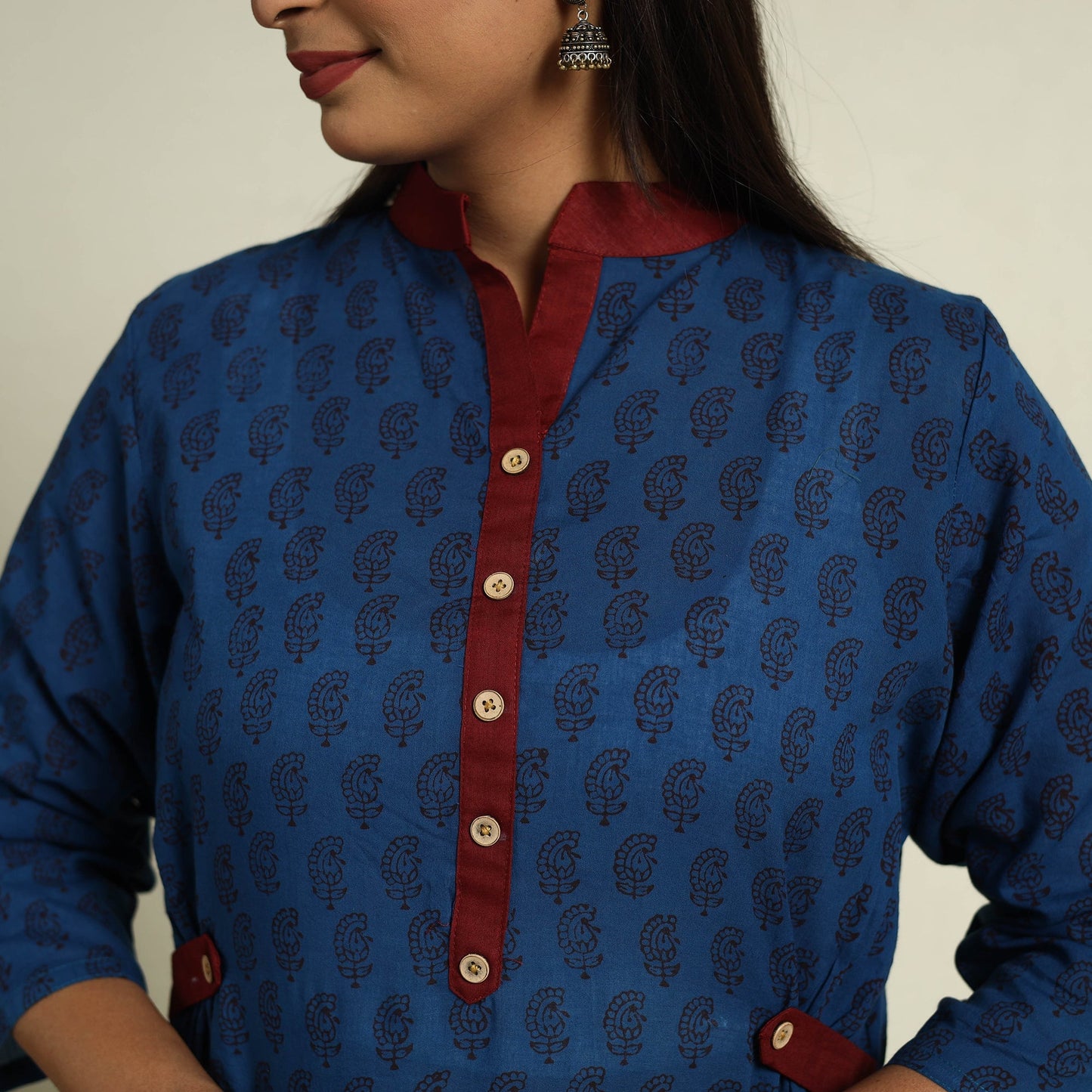 Blue Block Print Mul Cotton A-Line Bagh Kurta for Women