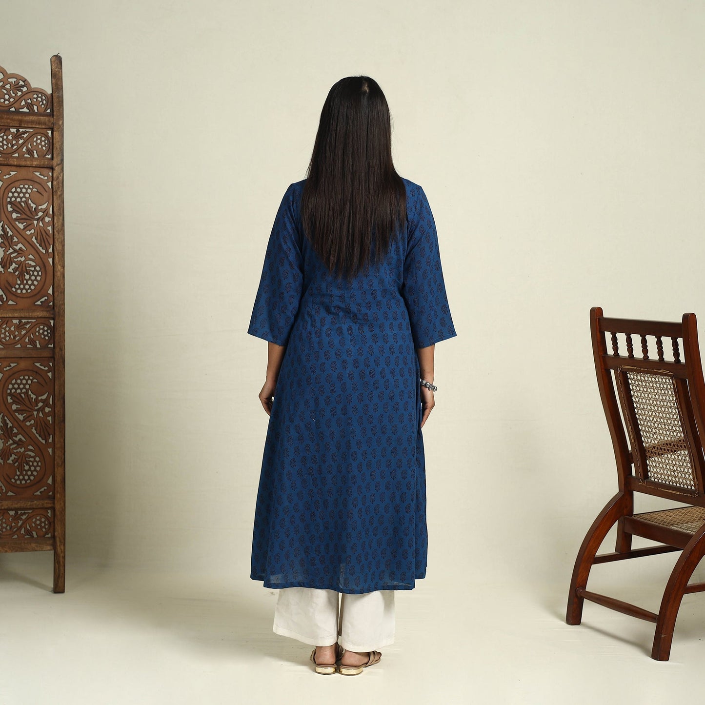 Blue Block Print Mul Cotton A-Line Bagh Kurta for Women