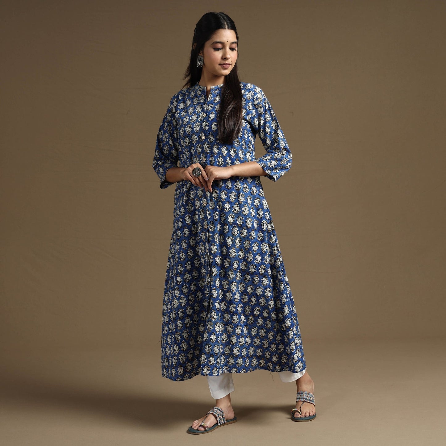 Blue Block Print Natural Dyed Cotton A-Line Bagru Kurta